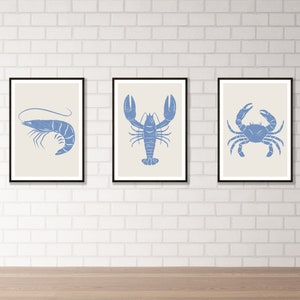 Seafood Wall Art Prints - Set of Three | Lobster | Crab | Shrimp | Seaside Theme | Restaurant Decor | Modern Kitchen Prints