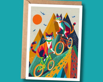 Cycling Cats Art Greeting Card | Blank Inside | Add Your Own Message | Funny Bicycle Card for Cat Lover and Cyclist