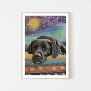 Black Labrador Print | Starry Night Sleeping Labrador Print | Colourful Abstract Labrador Picture | Gift For Black Labrador Dog Owner