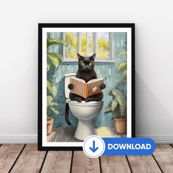 Black Cat Toilet Print | Digital Download Bathroom Art | Fits Over 20 Standard Frame Sizes | Cat Lavatory Picture | Funny Black Cat Gift