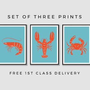 Seafood Wall Art Prints - Set of Three | Lobster | Crab | Shrimp | Seaside Theme | Restaurant Decor | Modern Kitchen Prints