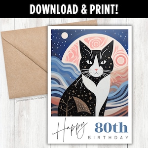 Celestial Cat 80er Geburtstagskarte | Schwarz und Weiß Katze Digital Download Karte | Sofort Download