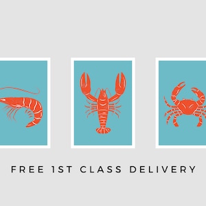 Seafood Wall Art Prints Set of Three Lobster Crab Shrimp Seaside Theme Restaurant Decor Modern Kitchen Prints image 3