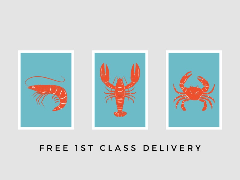 Seafood Wall Art Prints Set of Three Lobster Crab Shrimp Seaside Theme Restaurant Decor Modern Kitchen Prints image 3