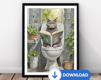 Grey Cat Toilet Print | Digital Download Bathroom Art | Fits Over 20 Standard Frame Sizes | Cat Lavatory Picture | Funny Gray Cat Gift