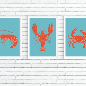 Seafood Wall Art Prints Set of Three Lobster Crab Shrimp Seaside Theme Restaurant Decor Modern Kitchen Prints image 2