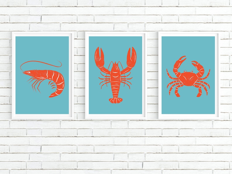 Seafood Wall Art Prints Set of Three Lobster Crab Shrimp Seaside Theme Restaurant Decor Modern Kitchen Prints image 2