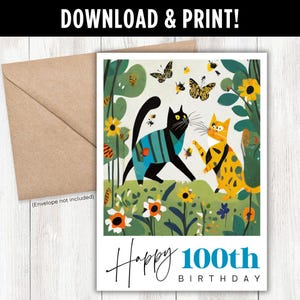 100e anniversaire de chats | Carte de téléchargement numérique d'art de chat | Téléchargement instantané