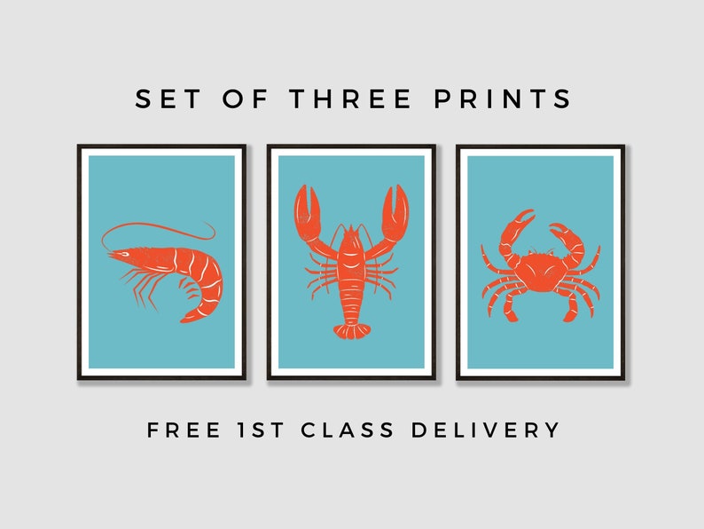 Seafood Wall Art Prints Set of Three Lobster Crab Shrimp Seaside Theme Restaurant Decor Modern Kitchen Prints image 1