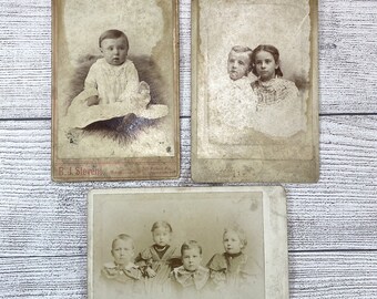 3 Antique Children Baby Portraits Photographs Cabinet Cards 4" x 6" Vintage