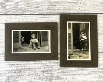 Antique Photos Children SET OF 2 - Toddler Boy on Stoop  Embossed Frames