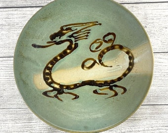 Mashiko Ware Japanese Art Pottery Plate Bowl Serpent Dragon Green & Brown