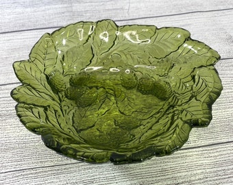 Indiana Glass Green Dish Avocado Green Loganberry  & Leaf Candy Serving Bowl