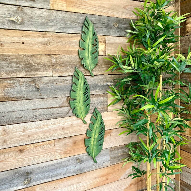 Handpainted Banana Leaf Wall Art Set of 3 Green Wood Banana Etsy