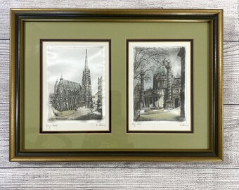 Original Framed Etchings On Silk - HANS LEISCH Austrian Signed - Antique Vintage