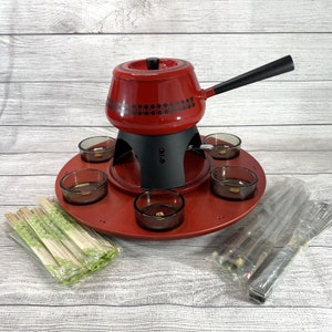 Vintage Retro Red Fondue Set Complete Melting Cooking Pot w/Box & All Pieces