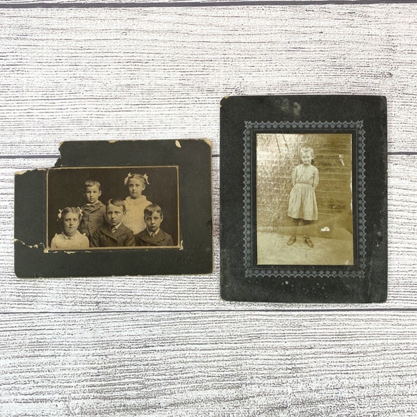 2 Antique Photographs Child School Cabinet Cards Portraits Sepia Vintage