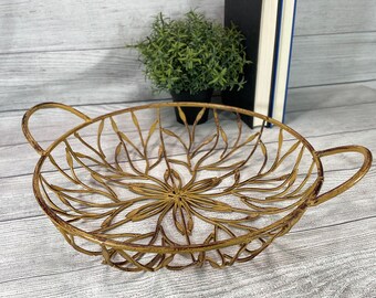 Floral Round Basket with Handles - Rustic Metal Basket Decor Tray