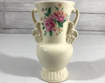 Vintage Royal Copley Flower Bud Vase Victorian Cream with Pink Roses and Double Handles