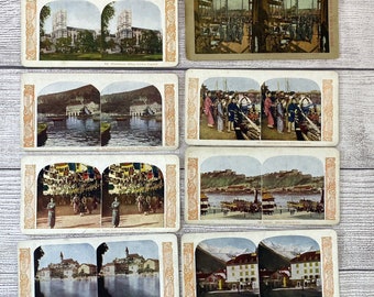 Antique Stereoscope Stereo Viewer Cards Colorized Set of 8 Global Travel Scenes