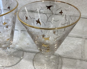 6-Vintage Libbey Royal Fern Stemmed Cocktail Glasses Gold Leaf Edge Mid-Century Modern