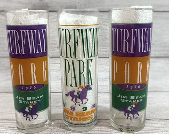 Jim Beam Stakes Glasses 1994 & 1996 Turfway Park Horse Racing Souvenirs SET OF 3
