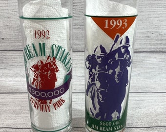 Two JIM BEAM STAKES Glasses 1992 & 1993 Turfway Park Horse Racing Souvenirs