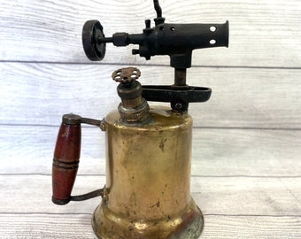 Antique Vintage Blow Torch BELCO Brass Welding Brazing Gun w/ Red Wood Handle