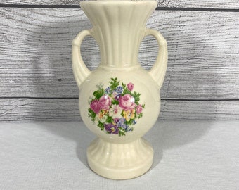 Royal Copley Floral Vase Small Cream with Pink Roses - Ceramic Vintage