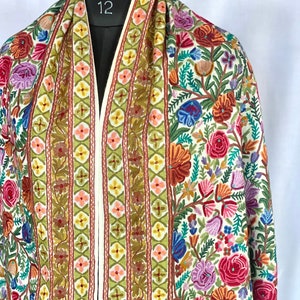 Kashmiri Aari Multi Color Handmade Scarf, 100% Pure Wool Shawl, Exclusive Kashmiri Shawl, Warm Embroidered Shawl, Christmas Gift, 28*80 inch