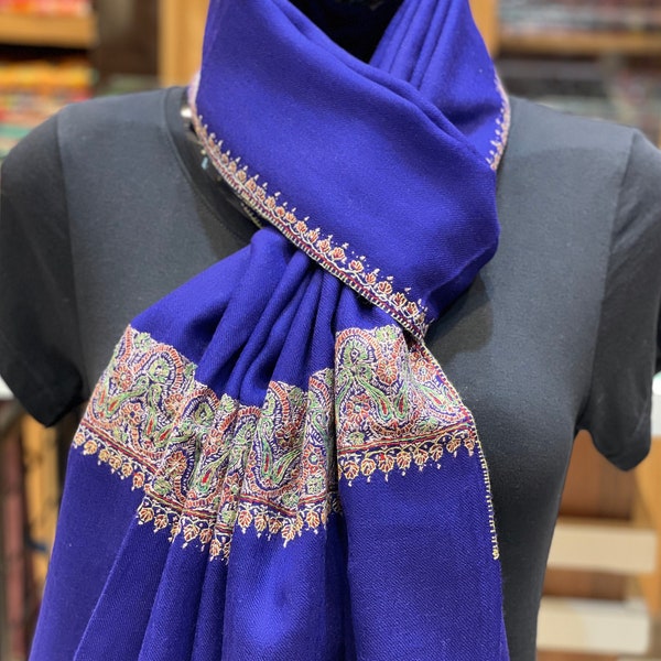 Sozni Pashmina Scarf Hand Embroidered Kashmiri Shawl, Designer Pashmina Scarf, Blue Pashmina, Soft Warm Pashmina, Gift for her, 28*80 inch