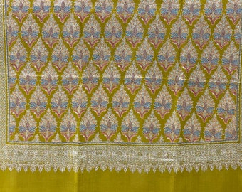 May include: A green fabric with a repeating pattern of small, intricate floral designs in shades of blue, red, and white. The fabric has a border of a silver-colored, intricate design.