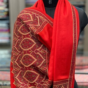 Kashmiri Pure Wool Embroidered Tilla Sozni Shawl, Warm Wrap, Bridal Shawl, Red Shawl, Designer Kashmiri Shawl, Woollen Shawl, 40*80 inch