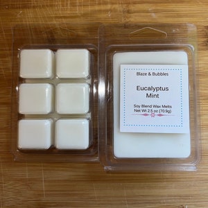 May include: Two clear plastic containers holding white soy blend wax melts. One container has six square melts, the other has a single rectangular melt with a label that reads "Blaze & Bubbles Eucalyptus Mint Soy Blend Wax Melts Net Wt 2.5 oz (70.9g)".