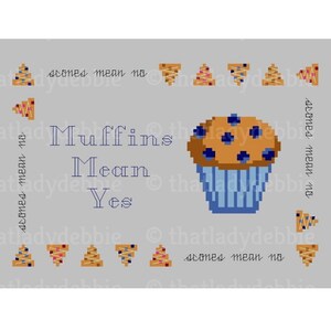 May include: A light gray background with the text "Muffins Mean Yes" in blue. A blue and white blueberry muffin is in the center of the image. There are small images of muffins with blueberries and swirls on the top in the corners of the image.