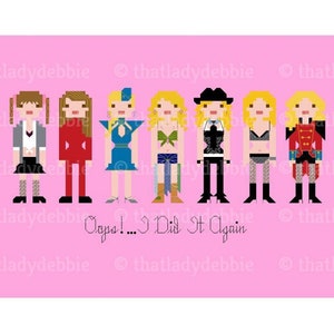 Puede incluir: Una ilustración de arte de píxeles de siete mujeres con diferentes atuendos, con el texto "Oops!...I Did It Again" en la parte inferior. Las mujeres visten una variedad de ropa, incluyendo un vestido rojo, un vestido azul, un vestido negro, una camisa blanca, una camisa a rayas blancas y negras, una camisa a rayas blancas y negras y una chaqueta roja y negra.