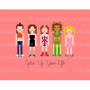 Spice Girls Singing Group Iconic Fashion Looks - Sporty, Posh, Ginger, Scary and Baby Spice - PDF Cross-stitch Pattern - Instant Download