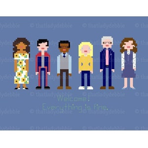 Cast del Buon Posto - Benvenuti! Va tutto bene. - Eleanor Chidi Tahani Michael Jason Janet - Schema punto croce PDF - Download istantaneo