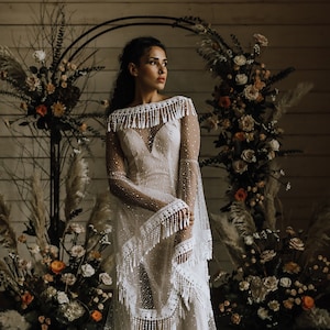 Star Celestial Bohemian Tassel Bell Sleeve Wedding Dress with Leg Slit