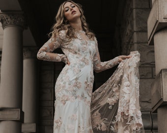 Long Sleeve Floral Lace Boho Wedding Dress with Statement Train