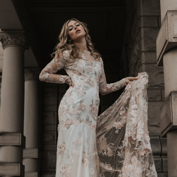 Long Sleeve Floral Lace Boho Wedding Dress with Statement Train