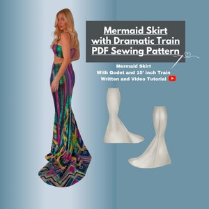 May include: A mermaid skirt sewing pattern with a 15-inch train. The pattern includes a godet and a written and video tutorial. The pattern is shown on a white background with a model wearing a colourful sequined mermaid skirt.