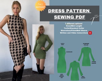 May include: A digital sewing pattern for a dress with seven different options. The pattern includes a knee-length or mini-length dress with a turtle neck or standard collar. The dress can be made with sleeveless, fitted, or bell sleeves. The pattern includes written and video instructions.  "7 in 1 purchases!" is written in a yellow starburst.