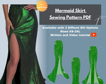 Mermaid Skirt with 1, 2 or no Slits I PDF Sewing Patterns I Instant Download I Sizes XS-3XL I Comes with written and video tutorials