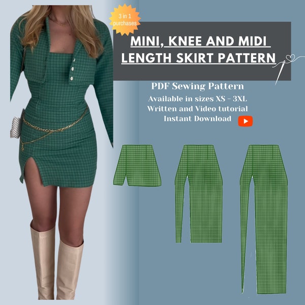 Skirt with Slit PDF Pattern l Mini, Knee and Midi Length l Sizes XS -3XL l Comes with video tutorial l Beginner level skirt pattern