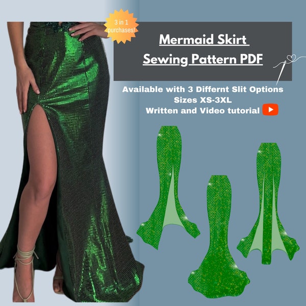 Mermaid Skirt with 1, 2 or no Slits I PDF Sewing Patterns I Instant Download I Sizes XS-3XL I Comes with written and video tutorials