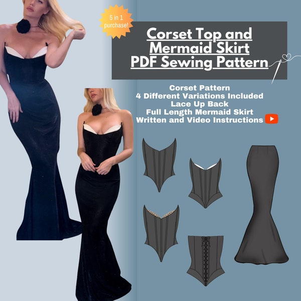 Corset and Mermaid Skirt Pattern I Woman’s Formal Dress Sewing Pattern PDF I size XS-3XL I Corset pdf pattern I Mermaid skirt pdf pattern