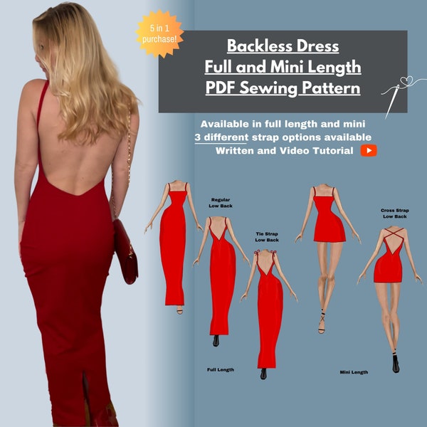 Backless Dress PDF Sewing Pattern with instructions I Sizes XS-3XL I Formal and Mini Dress I Backless, CrossBack and TieBack straps included