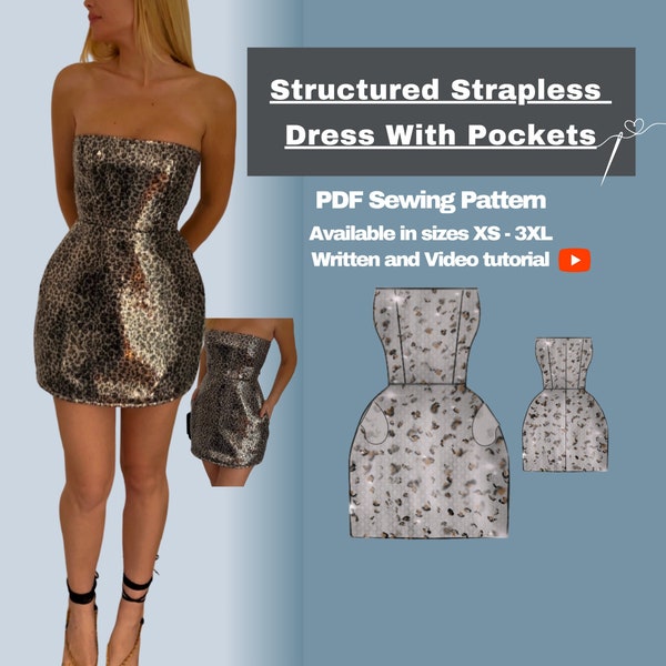 Strapless Dress With Pockets Pattern l Structured Cocktail Dress l PDF Instant Download l Sizes XS- XL I Includes Written + Video Tutorial