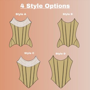 May include: Four corset style options labeled Style A, Style B, Style C, and Style D. Each tan corset features vertical seams and distinct necklines. Styles A and C include a white collar section, while Styles B and D have a tan neckline.